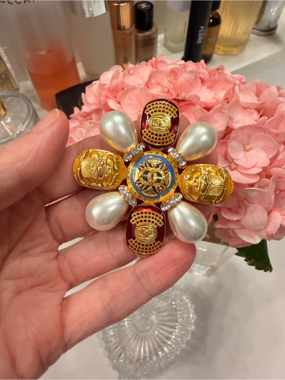 Gold-Tone Pearl & Red Enamel Floral Brooch with Logo Medallion